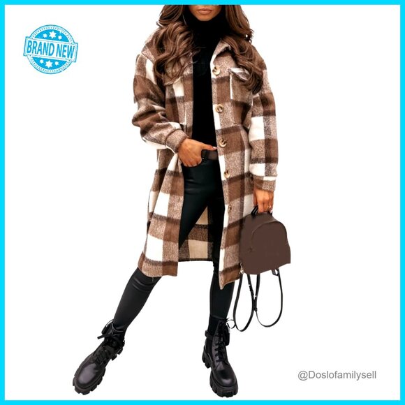Jackets & Blazers - Long Flannel Plaid Shacket Cozy Fuzzy Trench Coat Lapel Button Down